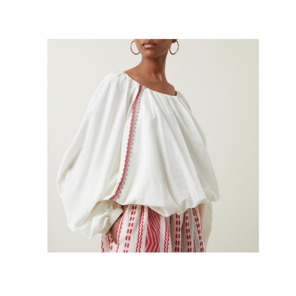 Devotion Twins Blouse Boho Embroidered White One Size Balloon Sleeve